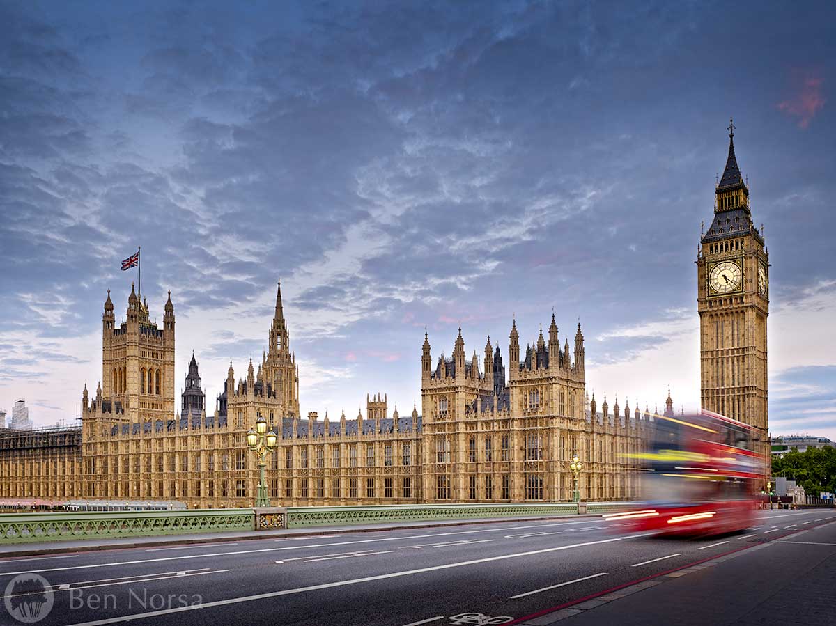 Landscape photographic print of London bus, Houses of Parliament, UK