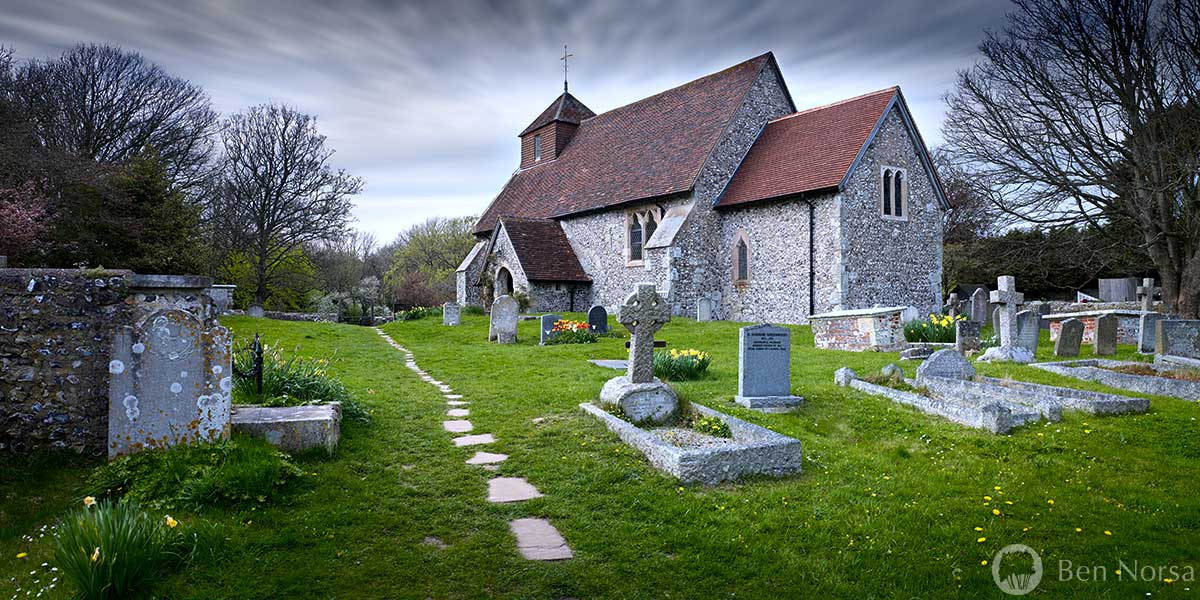 Landscape photographic print of a church, South Downs, UK