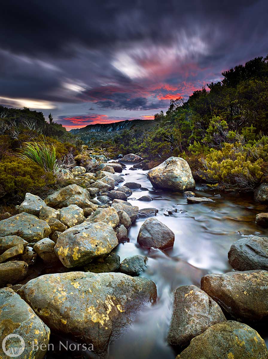 Landscape photographic print of Judds Charm stream, south west Tasmania